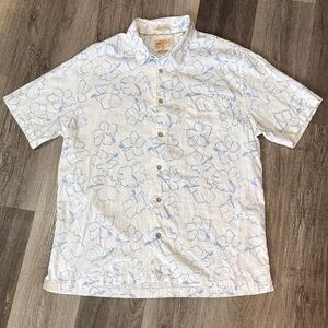 Quiksilver Waterman Hawaiian Shirt XXL Blue White Hibiscus Floral Aloha Resort